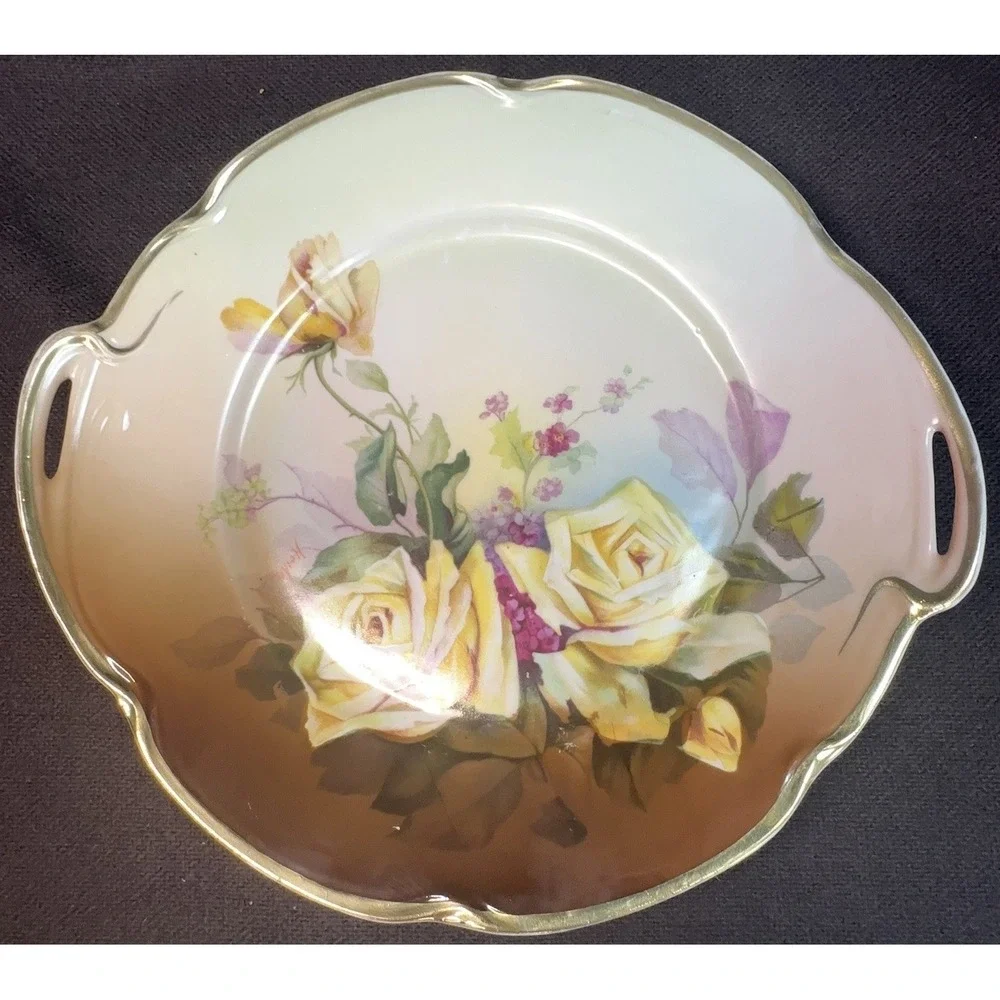 Antique‎ J&G Louise Bavaria Hand Painted Yellow Roses Cake Plate Signed Handled